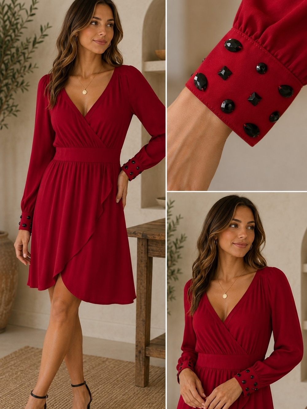 Takara Red Long-Sleeve Wrap Dress with Jeweled Cuffs
